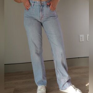ZARA Iridescent Pink Metallic Coating Straight Leg Jeans
